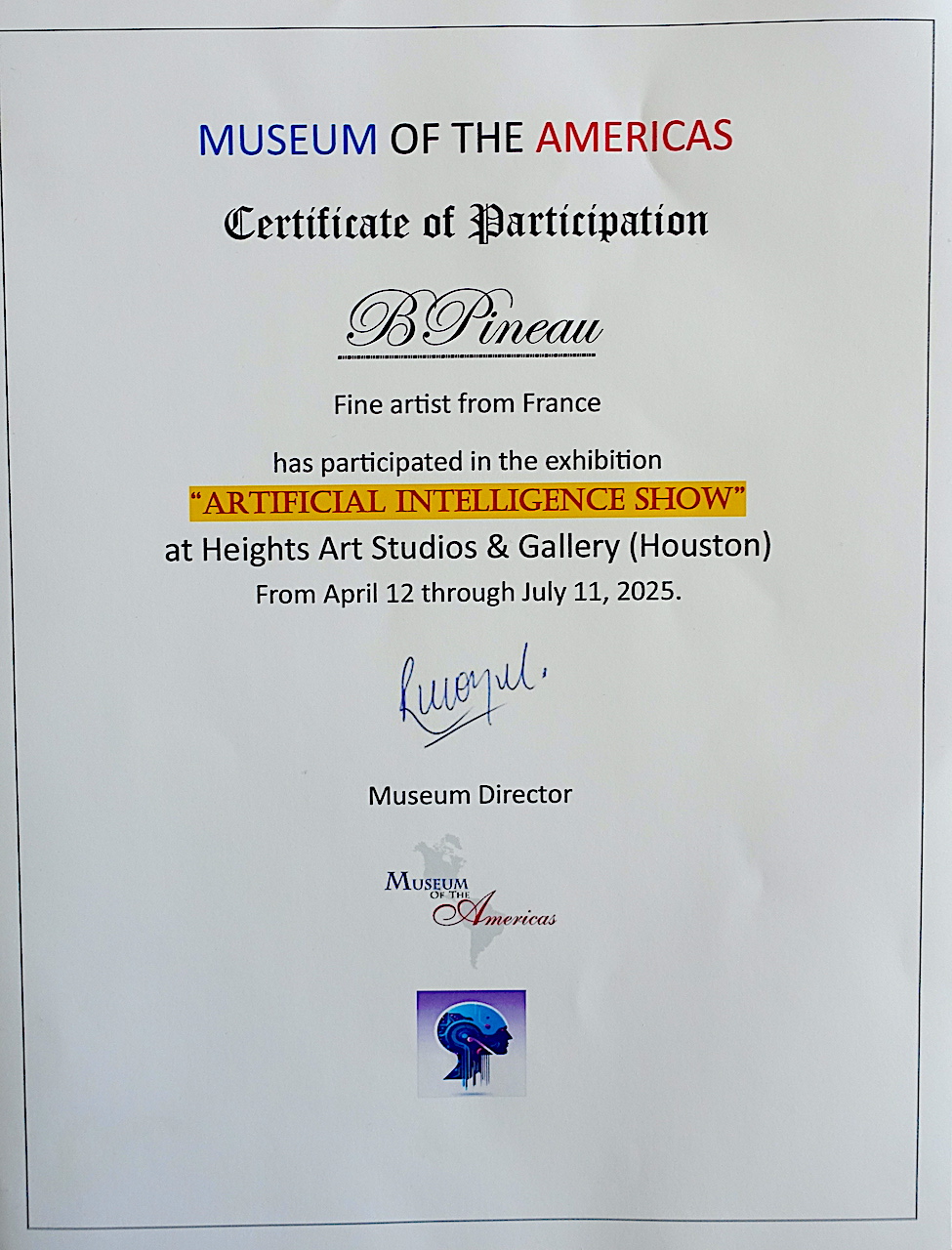 BD094 2025 Certificat Museum IA Houston