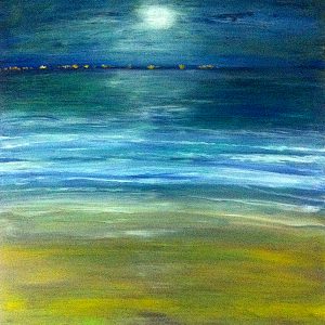 VENDU -=- H015P25 Nuit d'estuaire -=- Tableau plus personnel qui évoque mes nuits d’escapades. Enfant, je partais discrètement accompagné par le chien des voisins, pour me consoler de mon isolement, en regardant l’océan. Le chien et moi, restions silencieux devant cet estuaire magnifique.