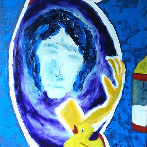 H018P12 Réincarnation -=- Quand une femme est enceinte, l’âme qui a choisi de se réincarner dans le corps du futur bébé, vient de temps en temps en visite. Un peu comme une visite de chantier quand on fait construire sa maison. Elle se prépare à cette nouvelle existence. Le tableau illustre le contraste entre le vécu des multiples existences et l’accueil « enfantin » et naïf avec des jouets pour bébés.