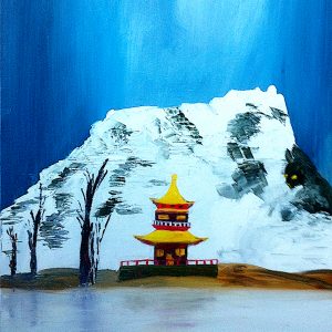 H033P20 Chaman au Tibet -=- Beaucoup de religions sont "colorées" par une culture ancestrale précédente. Souvent c'est le chamanisme dont les origines se perdent dans les profondeurs du passé. Ainsi le Bouddhisme tibétain est-il influencé par le chamanisme des montagnes où la nature est si majestueuse et imposante. Le visage dans le ciel de glace évoque l'esprit d'un chaman qui veille sur un temple Bouddhiste. Le chat noir nous rappelle que ce sont des chats qui protègent et gardent les temples au Tibet.