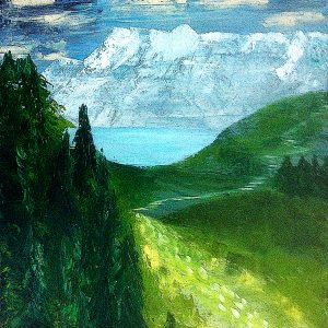 H063F20 Chemins de sagesse -=- Tableau réalisé en hommage à Alexandra David Neel, qui, au début du XXeme siècle, a quitté sa Suisse confortable où elle habitait, pour aller vivre en ermite dans les montagnes du Tibet. Le tableau évoque un chemin vers les sommets de la sagesse.