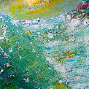 H070P30 Puissance -=- Fasciné par la puissance des éléments comme par celle des grands penseurs et des maîtres de sagesse. Certains sages comparent le cycle de nos existences à des vagues successives. Dans le tableau, on peut voir des esquisses de visages dans les vagues pour illustrer cette comparaison. Seul un tsunami de sagesse pourra nous éviter de multiples tsunamis dévastateurs.