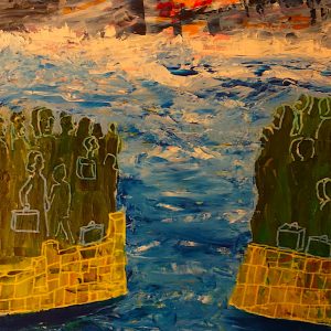 H071P20 Espoirs et espérance -=- Un hommage à toutes ces familles qui ont dû fuir les guerres, la misère et la violence. Puis embarquer sur des rafiots au péril de leurs existences pour une destination hasardeuse où souvent personne ne vous attend et ne veut de vous. Aucun port de destination, les bateaux se transforment en jetées de pierre immobiles. La mer devient un puits sans issue. Vos espoirs sont notre espérance pour un monde meilleur.