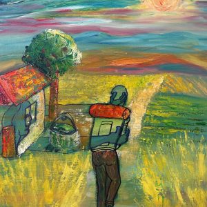 H081P20 Partir -=- A tous ceux qui veulent partir et qui ne le peuvent pas. Le tableau illustre l'attachement à nos racines, à notre maison qui nous protège et nous retient. Partir est souvent un déchirement. Dans le tableau, le personnage est légèrement déséquilibré, il doit lutter pour tout quitter. Pourtant, c'est souvent dans le détachement que se trouve notre libération. Nous ne sommes pas assez vigilants sur la nature de nos liens. Certains sont toxiques ou parasitaires. Dans le tableau, l'horizon est multiple. Plus on progresse et plus l'horizon s'élargit.