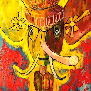 H101P30 Grandir en Ganesh -=- Généralement, une souris au pied de Ganesh représente l'ego. Ganesh symbolise le Soi qui conquiert l'ego. C'est une divinité très populaire en Inde. Il est représenté et vénéré dans tous les ashrams. Tout disciple doit commencer par maîtriser son égo, et il trouvera dans Ganesh un soutien et un encouragement. Comme toujours en Inde, il y a plusieurs niveaux de compréhension. C'est aussi le travail d'introspection et de transformation qu'on entreprend dans les ashrams. Arriver au stade de l'éléphant dans le monde animal, c'est atteindre le plus haut niveau spirituel. C'est être herbivore, donc ne faire aucun mal aux autres, et être fort au point de ne plus craindre les carnivores. Pour un disciple c'est donc être capable de vivre parmi les loups sans devoir hurler et se comporter comme un loup. Grandir donc. Le tableau illustre le disciple qui voit Ganesh grandir en lui. Il ne s'agit donc pas d'une représentation de Ganesh Lui-même.