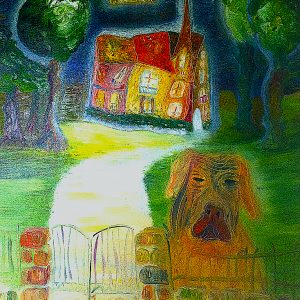 H106F40 Ego dominant -=- Tableau symbolique pour exprimer l'égo dominateur, représenté par un Chien de garde dont la taille est disproportionnée. L’ego dominant empêche toute vraie communication avec l’extérieur. A tel point, que la conscience qui devrait être le maître des lieux, n’habite plus réellement la maison. Elle se réfugie dans le ciel en attendant une prochaine existence plus propice à sa réalisation. Les chiens amplifient les égos de leurs maîtres. Ils se comportent comme une caisse de résonance.