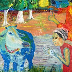 H111F40 Ahimsa (Non violence) -=- Comme en Inde, l'enseignement de la non-violence et du respect du vivant devraient être enseignés en occident. Quand je vois des enfants jouer en martyrisant des animaux, je souffre. Evocation dans le tableau de l'immense respect à la nature et aux animaux par les sannyasins, les sadhus et toute la population indienne. Evocation également de la dévotion à Ganga, création de Shiva, depuis des millénaires.