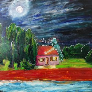 H149F40 Mortagne -=- A l'entrée du port de Mortagne sur Gironde, une maisonnette isolée est en décalage d'époque. Elle semble hors du temps. En l'observant, des souvenirs sont revenus en surface. Et, un nouvel éclairage et une nouvelle compréhension de l'histoire de mes parents qui illustre la puissance des schémas familiaux. Ces schémas familiaux ne s'arrêtent qu'avec une compréhension totale en conscience. Dans le tableau, le magicien (notre conscience) essaye de pénétrer et comprendre la maison familiale.