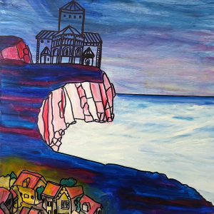 H150P20 Falaises roses -=- Inspiré par l'église Sainte Radegonde de Talmont sur Gironde, menacée par la mer qui grignote la falaise. Sainte Radegonde menacée et poursuivie par les sbires de son puissant mari, elle voulait devenir religieuse. Un miracle l'a protégée, le miracle du champ d’avoine.