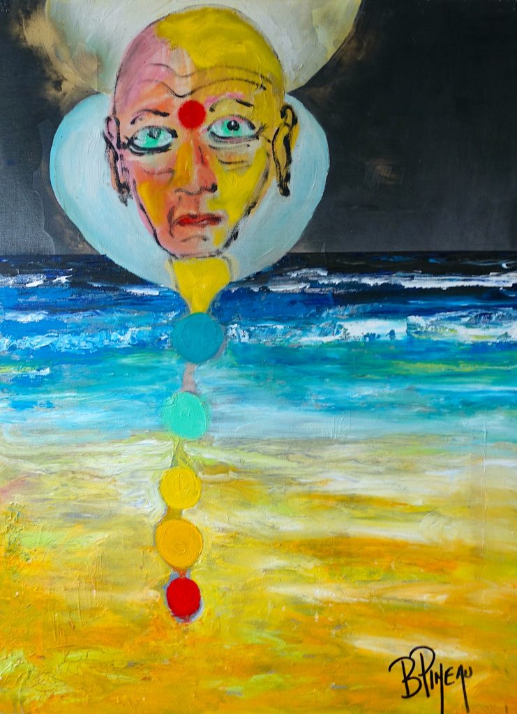 H173P20 Libération 7/7 ---===--- Ce tableau s'inscrit dans la série des 7 types humains selon Gurdjieff. La libération est l'étape ultime. Mais se libérer de quoi ? De l'emprise du mental, de son égo donc. Il y a au moins deux façons de se conduire : - soit en se laissant diriger par son ego, (donc la recherche de la satisfaction continuelle de ses désirs) ; - soit en laissant sa conscience prendre le contrôle, donc suivre son Dharma. Le tableau est aussi une oeuvre alchimique et védique. Les 4 éléments sont présents : air - eau - terre et feu qui est l'élément primordial. Il y a du feu partout et donc en nous-mêmes. Rappelons que l’eau est née du feu et qu’il y a du feu dans l’eau.