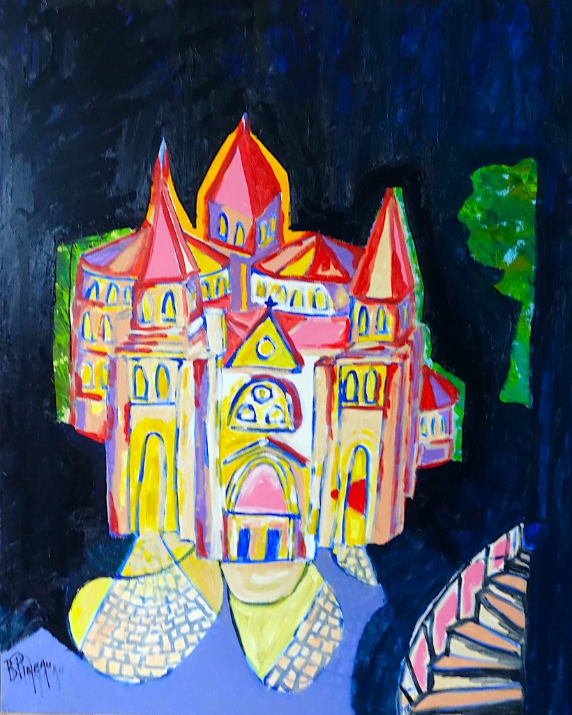 H246F40 Conques ---===--- Evocation de l'abbatiale de Conques ; la beauté et l'énergie de l'abbatiale et de tout le village de Conques nous subjuguent. Par contre, les vitraux en noir et blanc de Pierre Soulages surprennent et parfois déçoivent. Où sont les anciens vitraux magnifiques? Il n'y a plus de couleurs, de chaleur. Comme si l'abbatiale avait perdu son âme.