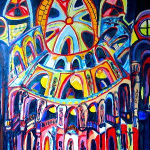 H247F40 Conquis ---===--- Une visite dans l'abbatiale de Conques peut nous réveiller, tant l’émotion est forte. Une véritable émotion spirituelle, amplifiée, en écoutant un concert d'orgues le soir. Notre regard conquis aime ces plafonds, ces colonnes, cette géométrie pour s'y perdre. Les vitraux anciens, magnifiques, colorés, remplacés par ceux de Pierre Soulages en noir et blanc, nous manquent.