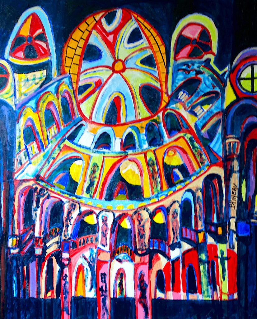 H247F40 Conquis ---===--- Une visite dans l'abbatiale de Conques peut nous réveiller, tant l’émotion est forte. Une véritable émotion spirituelle, amplifiée, en écoutant un concert d'orgues le soir. Notre regard conquis aime ces plafonds, ces colonnes, cette géométrie pour s'y perdre. Les vitraux anciens, magnifiques, colorés, remplacés par ceux de Pierre Soulages en noir et blanc, nous manquent.