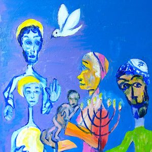 H259F25 La Visitation ---===--- Marie, enceinte de trois mois, rend visite à Elisabeth, sa cousine, pour l'aider à accoucher de son fils Jean. Zacharie a retrouvé la parole après neuf mois de mutisme provoqué par l'ange Gabriel. Depuis des siècles, la Visitation est représentée et imagée avec les deux femmes enceintes. Ici, la Visitation est illustrée après la naissance de Jean le Baptiste. Elisabeth regarde ailleurs, perdue dans une sorte d'extase, consciente de l'extraordinaire histoire de la Sainte Famille qui commence.