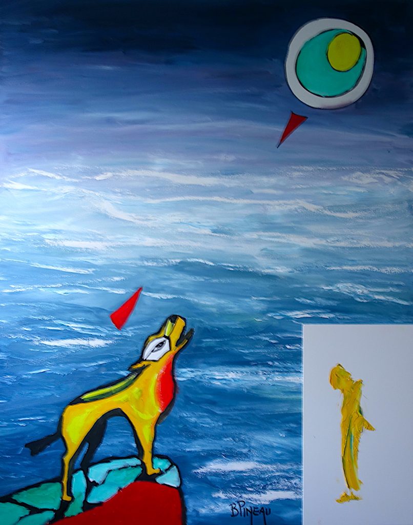 H344F30 Loup Perdu ---===--- Le loup est perdu car il ne sait plus où aller. Il n’a plus de territoire. L’homme a tout pris. A son tour, l’homme voit son territoire rétrécir par la menace d’une gigantesque submersion. Le loup a perdu. Son espèce est, comme beaucoup d’autres, en voie de disparition. A son tour, l’homme risque de tout perdre. « L’humanité mène un combat contre la nature. Si elle le gagne, elle est perdue ». (Hubert Reeves).