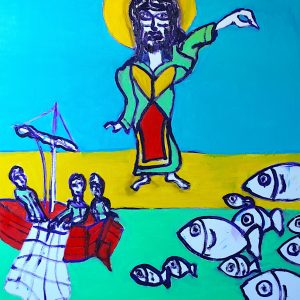 H357F30 Pêche Miraculeuse ---===--- Tristes et en deuil, quelques apôtres pêchent pour survivre. Mais les filets sont vides. Abattus, ils ne demandent rien, ils ne prient pas. Ils ne reconnaissent pas cette silhouette lointaine qui leur fait signe. Lâcher prise, faire de son mieux. Ne pas s’attacher pas au résultat mais à ses pensées, ses paroles et ses actions. La prière est utile comme demande pour les autres, pas pour soit.