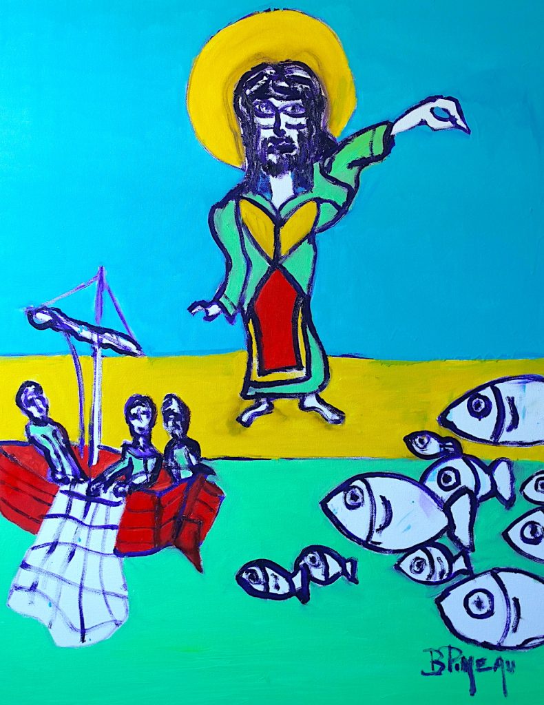 H357F30 Pêche Miraculeuse ---===--- Tristes et en deuil, quelques apôtres pêchent pour survivre. Mais les filets sont vides. Abattus, ils ne demandent rien, ils ne prient pas. Ils ne reconnaissent pas cette silhouette lointaine qui leur fait signe. Lâcher prise, faire de son mieux. Ne pas s’attacher pas au résultat mais à ses pensées, ses paroles et ses actions. La prière est utile comme demande pour les autres, pas pour soit.