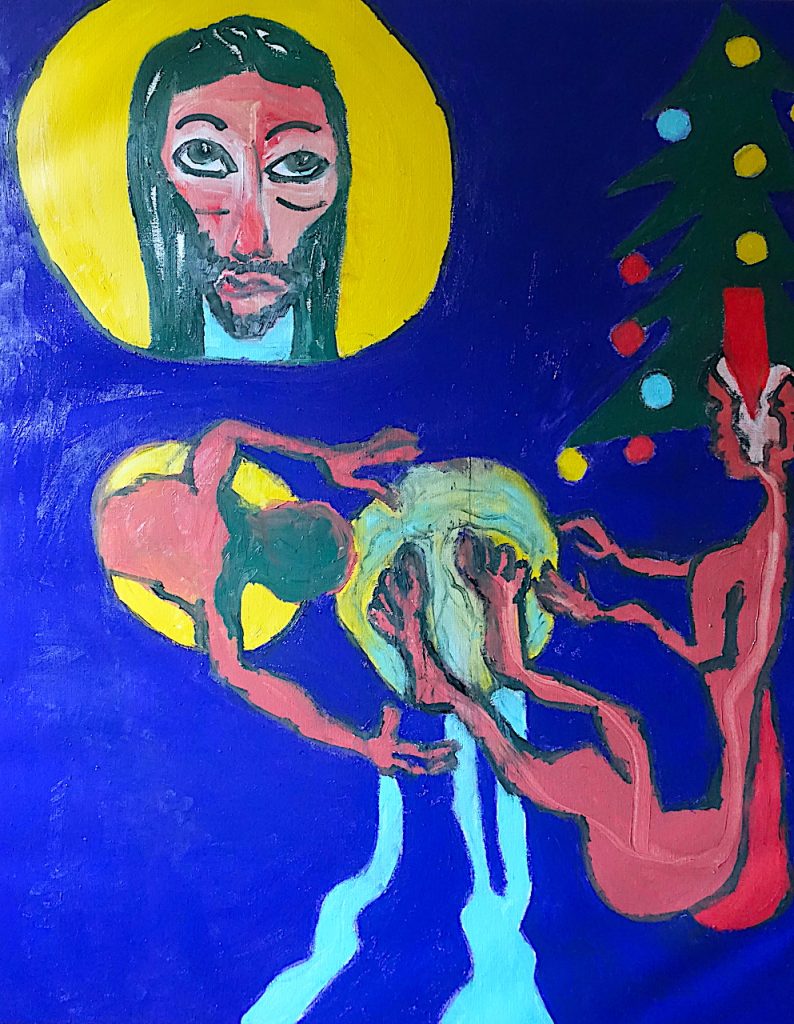 Pourquoi Jésus décide-t-il de laver les pieds des indigents ? Pour nous donner un exemple d’humilité, bien sûr, mais aussi pour, encore, se montrer comme fils de l’homme et pas uniquement fils de Dieu. C’est avec les pieds qu’on va vers les autres et qu’on est en contact permanent avec la terre et la nature. Purifier, en les lavant, nos pieds, c’est purifier notre relation aux autres et à notre environnement. C’est aussi un grand enseignement du TAO, tous les problèmes de jambes sont liés à nos relations, les problèmes de bras à nos actions. Les pieds rappellent aussi les souliers au pied du sapin de Noël. Le père Noël viendra récompenser ceux qui sont sur le bon chemin, leurs Dharma. Dans tous les textes sacrés se cachent de multiples leçons de sagesse, Ainsi, laver des pieds d’indigents, serait la meilleure façon de les aider à se relever. Autrement dit, commencer à apaiser ses relations avec les autres et la nature. Inutile de le forcer à faire dés le début. (Bras atrophiés dans le tableau). Beaucoup de démunis m’ont avoué, la larme à l’œil, qu’ils n’existaient plus pour les autres. A la solitude et la misère, s’ajoute l’isolement.