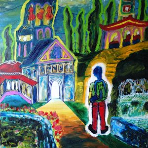H105F40 Compostelle -=- Le chemin de Compostelle qui transforme et révèle. Chemin de paix (shanti) et quête personnelle dans les pas d’une multitude de pèlerins depuis des siècles. Ce qui nous construit ce sont les liens que nous avons avec notre environnement mais aussi avec le Divin. Religion vient du latin religare qui signifie relier. Cheminer c’est aller vers les autres, donc créer des liens nouveaux. Le chemin peut être un révélateur. Le TAO nous a dit : "Le chemin du bonheur n'existe pas, le bonheur c'est le chemin". Pour finir, un sage nous a dit : » Ne laissez pas ce que vous savez déjà, faire obstacle à ce que vous pourriez savoir ».