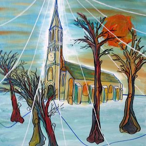 H030P25 Hivers d'Eglise -=- Une église abandonnée, avec des arbres qui obstruent le chemin, qui illustre le désintérêt de beaucoup pour les évangiles. Pourtant, presque mystérieusement, l’église catholique, malgré ses nombreuses fautes et erreurs, est détentrice des Saints Sacrements. Tout particulièrement l’eucharistie, voir le détail de la porte d’entrée, qui nous rappelle Sa Présence. Le tableau évoque les liens de lumière qui nous unissent au Divin.